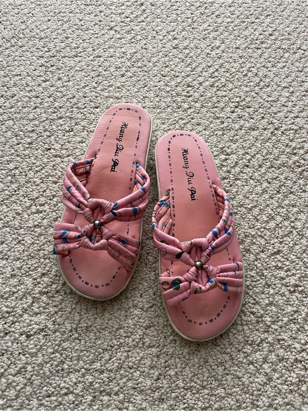 Sz 6.5? Pink Slide Sandals with Knotted Straps